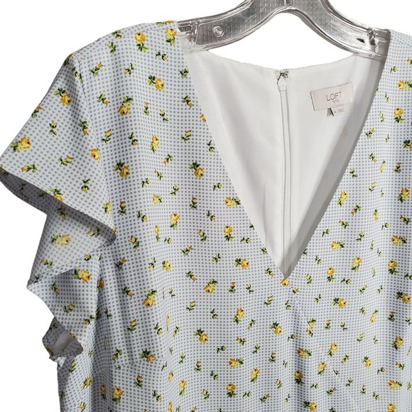 Loft Size 14 Dress Long Gingham Floral Flutter Sleeve Faux Wrap Ruffle Hem Lined - Picture 12 of 15